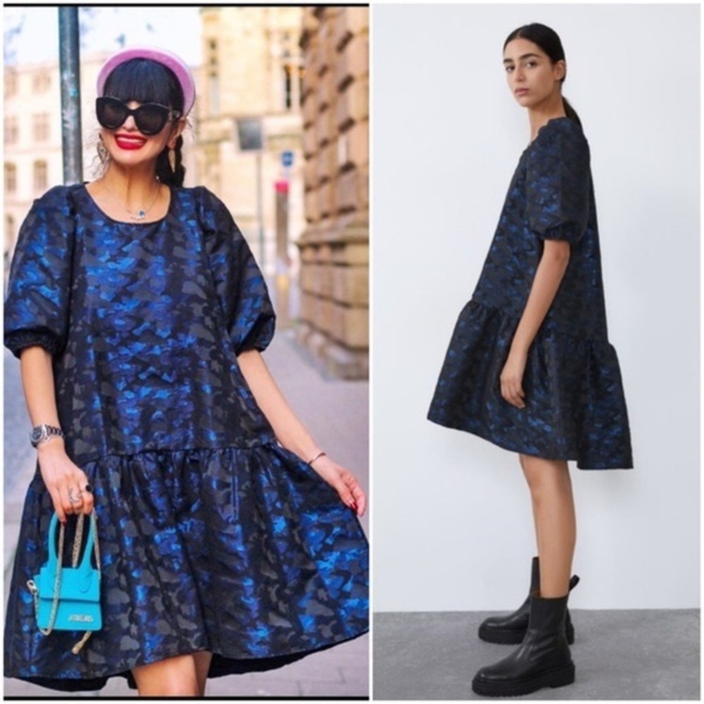 NWT ZARA Women’s Blue Black Camo Jacquard Volume Cool Dress XS X-Small Medium M - Picture 2 of 13